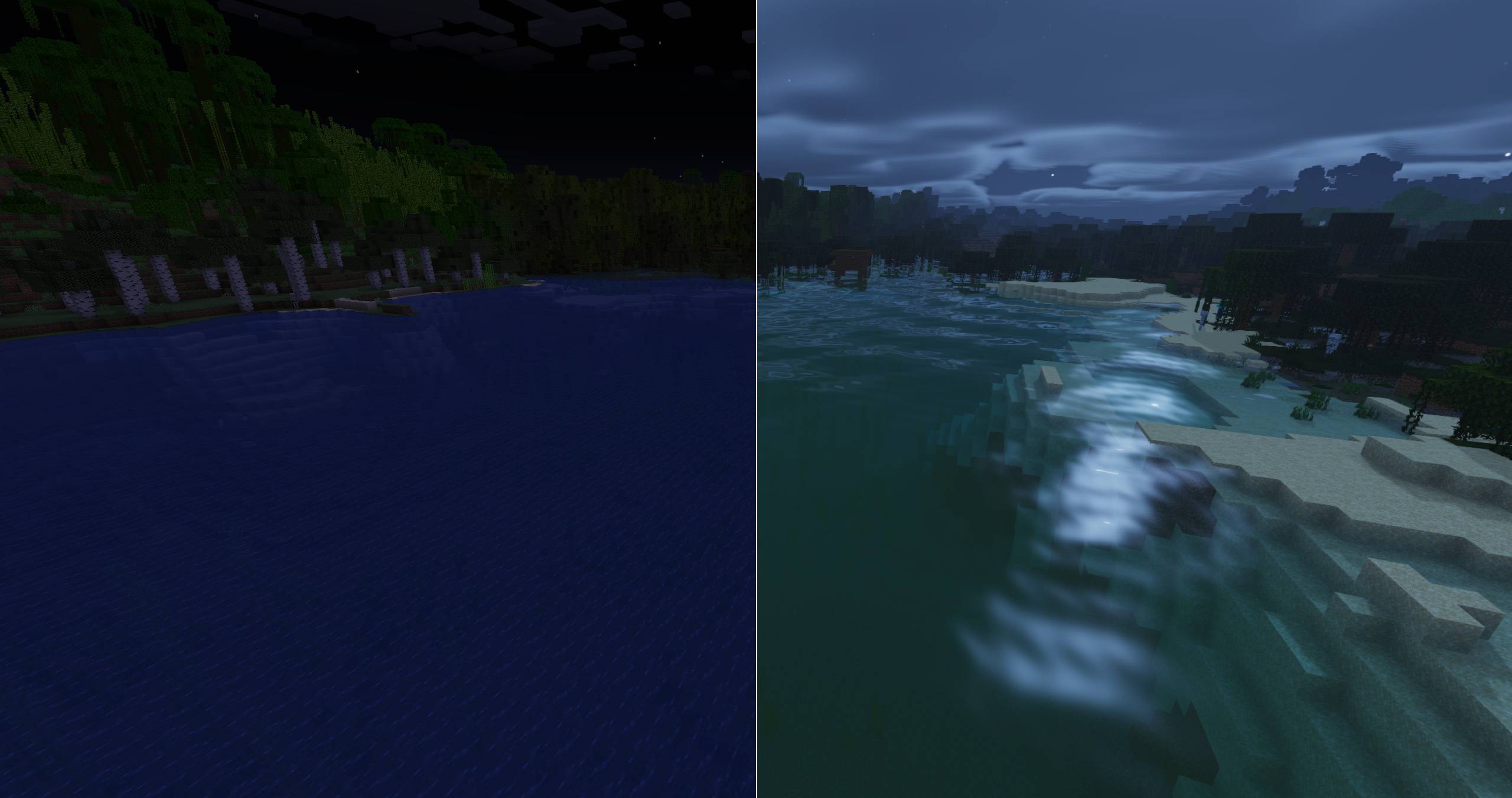 Thumbnail Shaders disabled on the left; Firmament High on the right. Original gameplay captures with no color adjustments.