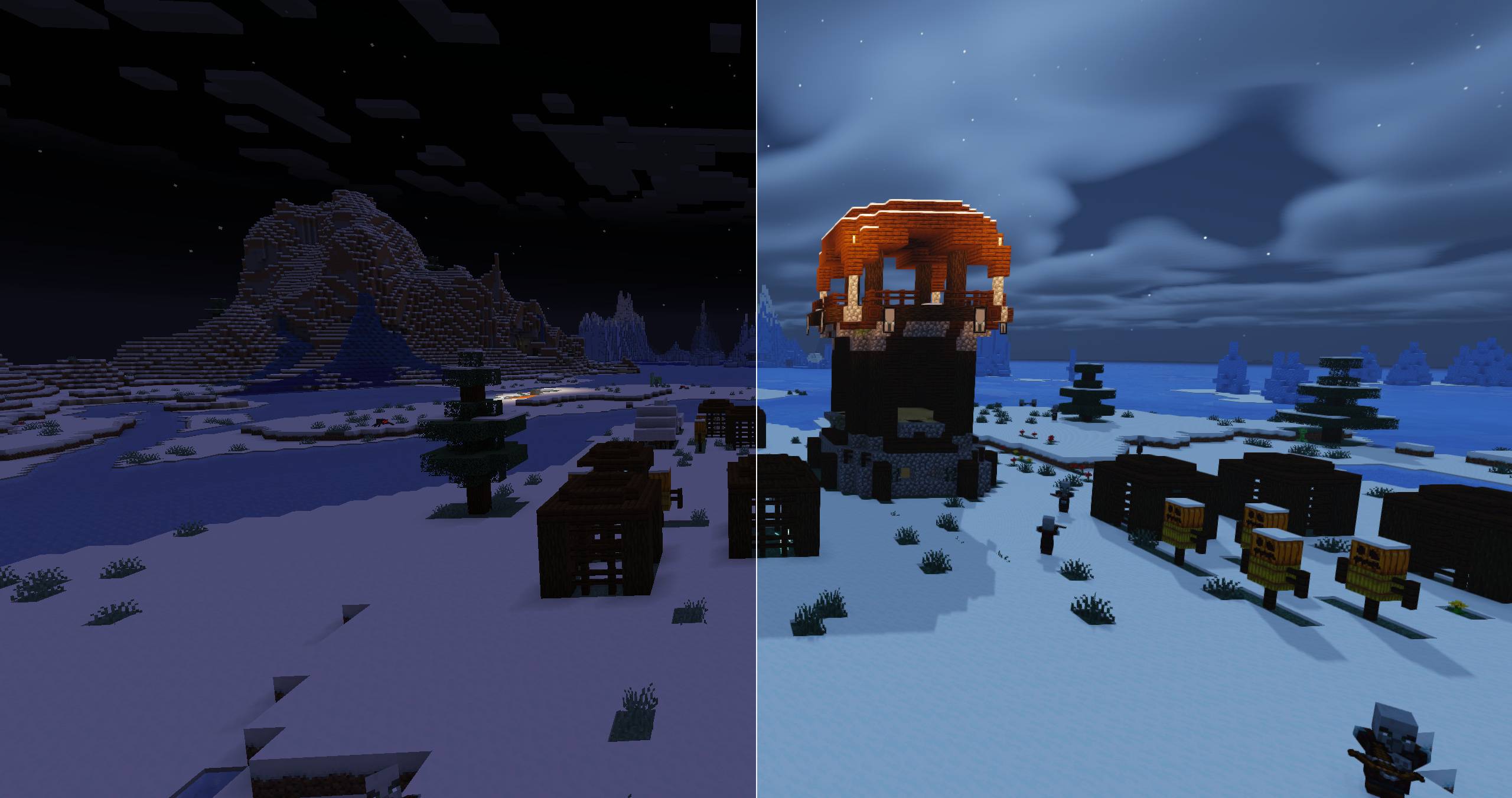 Thumbnail Shaders disabled on the left; Firmament High on the right. Original gameplay captures with no color adjustments.