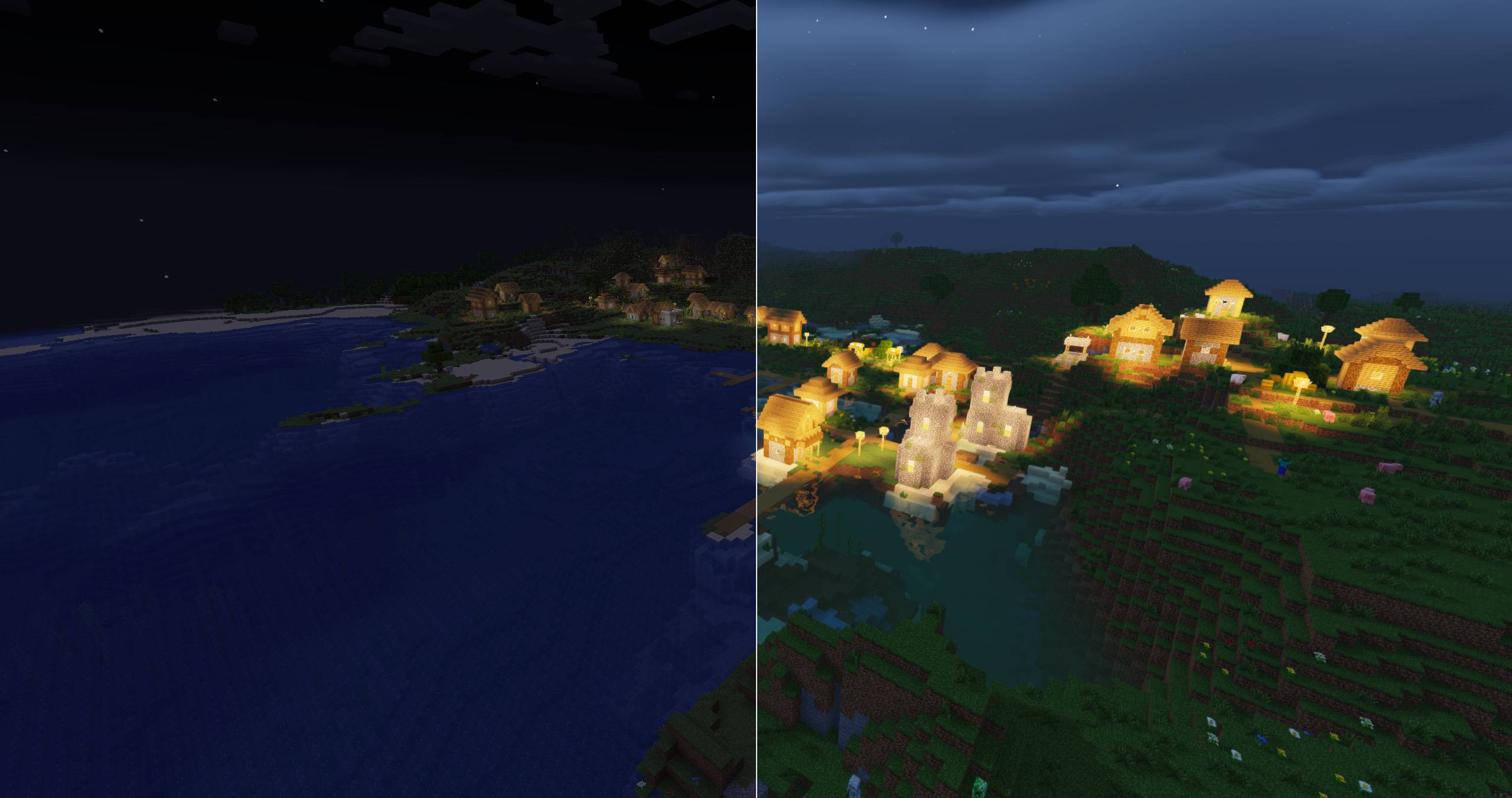 Thumbnail Shaders disabled on the left; Firmament High on the right. Original gameplay captures with no color adjustments.