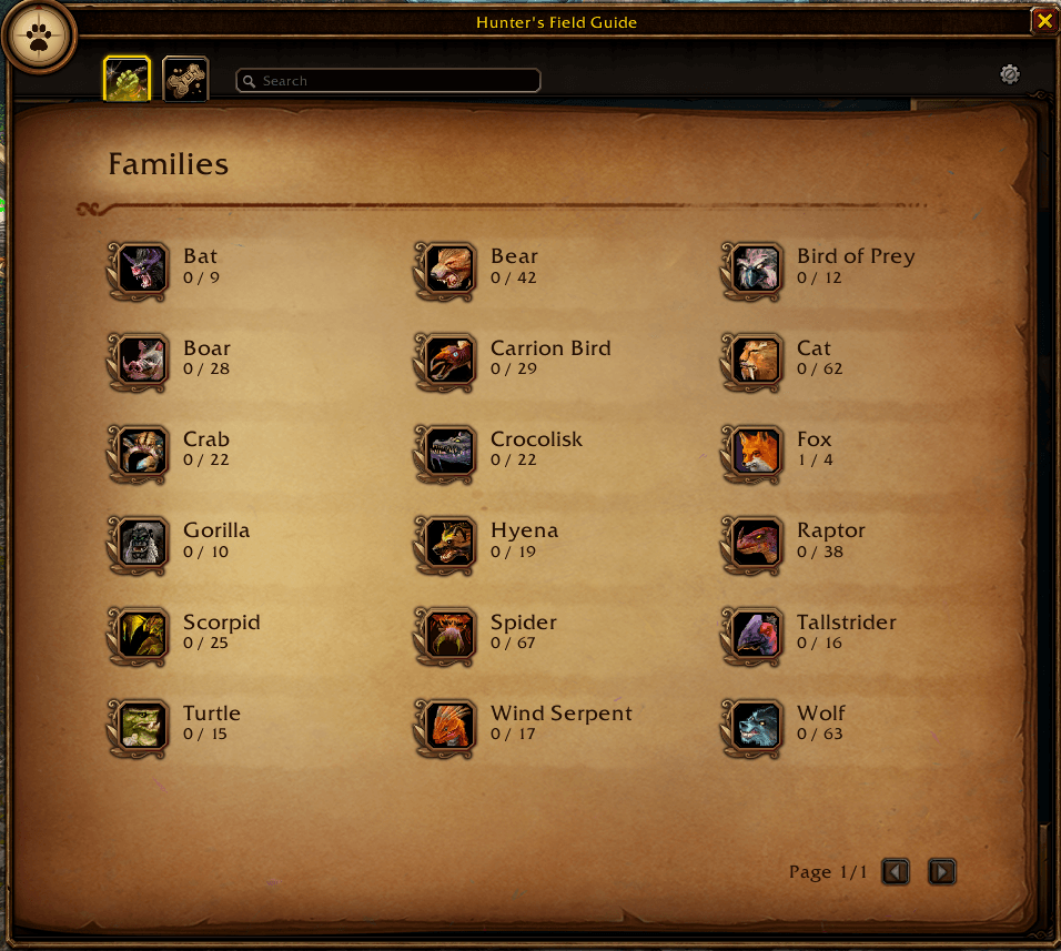 All 18 pet families, with how many of each you have found. Shown in the Forever spellbook style.