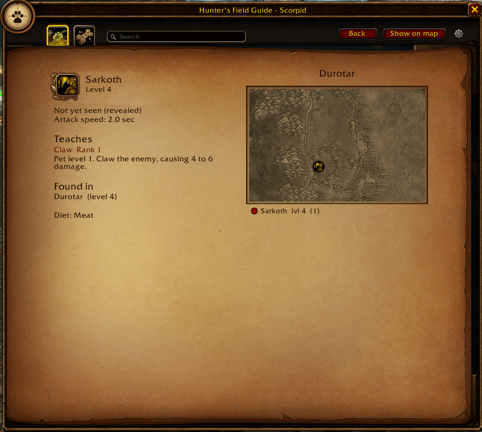 Each beast shows its level, attack speed, what it teaches, where it is found and its diet, with a map of where it spawns.