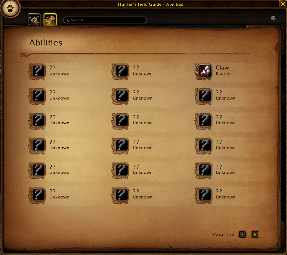 Abilities stay hidden until your pet knows them or you study a beast that teaches them. Known abilities show your current rank.