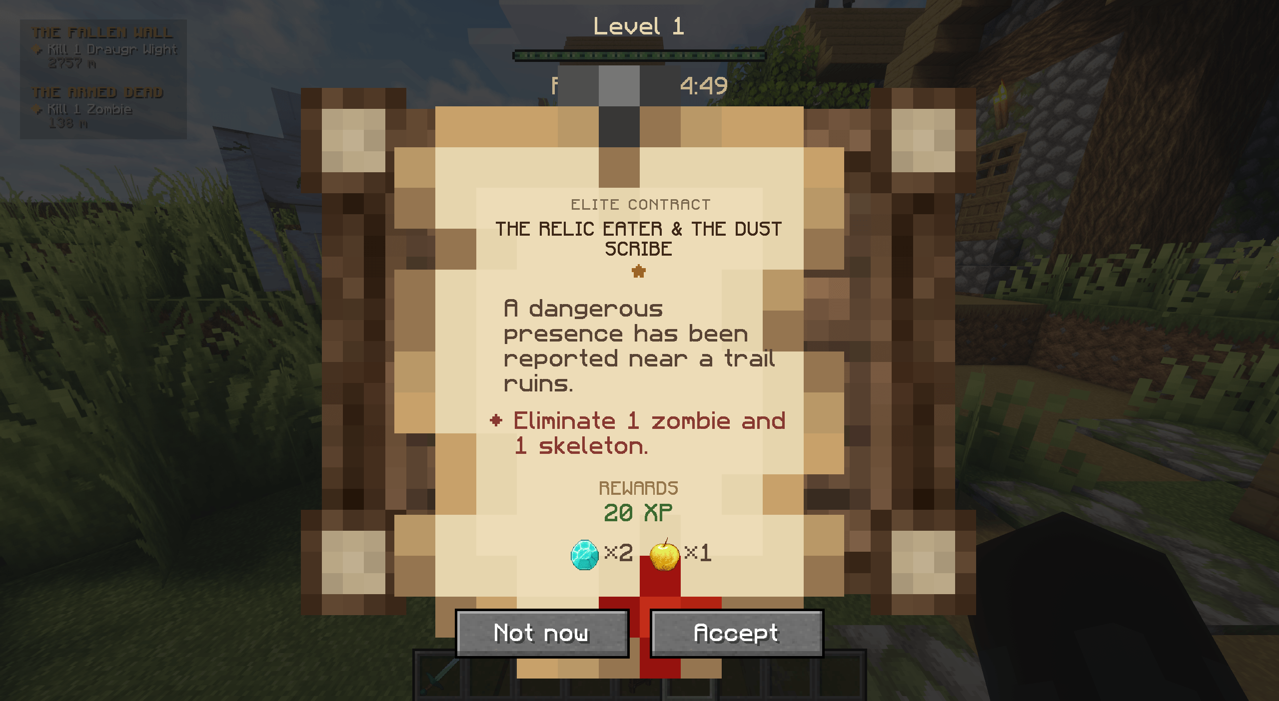 A village quest board displaying its current contracts and refresh timer