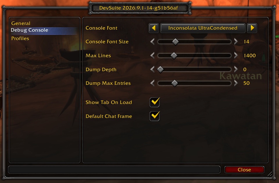 Thumbnail Debug Console options: pick the console font and size, cap max lines, set /dump depth and entry limits, and choose whether the console becomes the default chat frame.