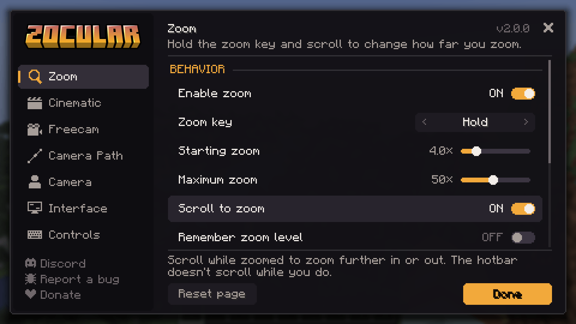 Thumbnail Every option in one place, with a short explanation for each. Open it from Mod Menu, with /zocular, or with a key.