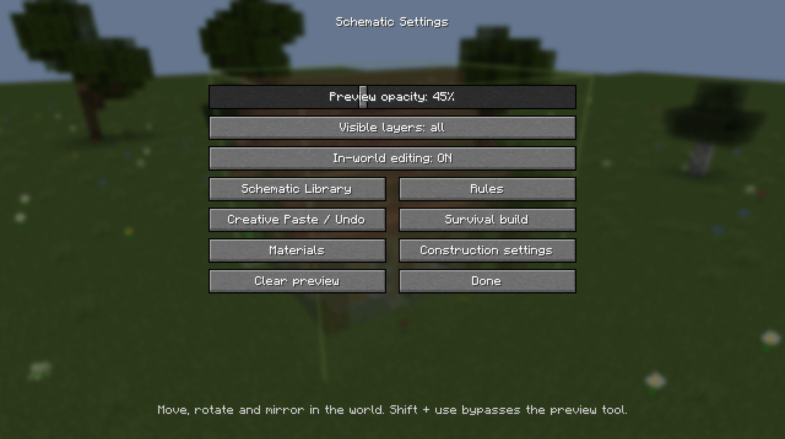 Thumbnail Opacity, visible layers and in-world editing, with links to every other screen.