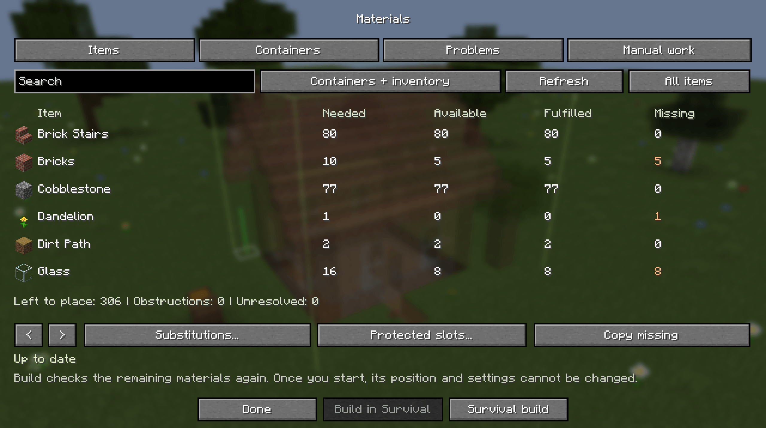 Thumbnail What the build needs, what nearby containers hold, and what is still missing.