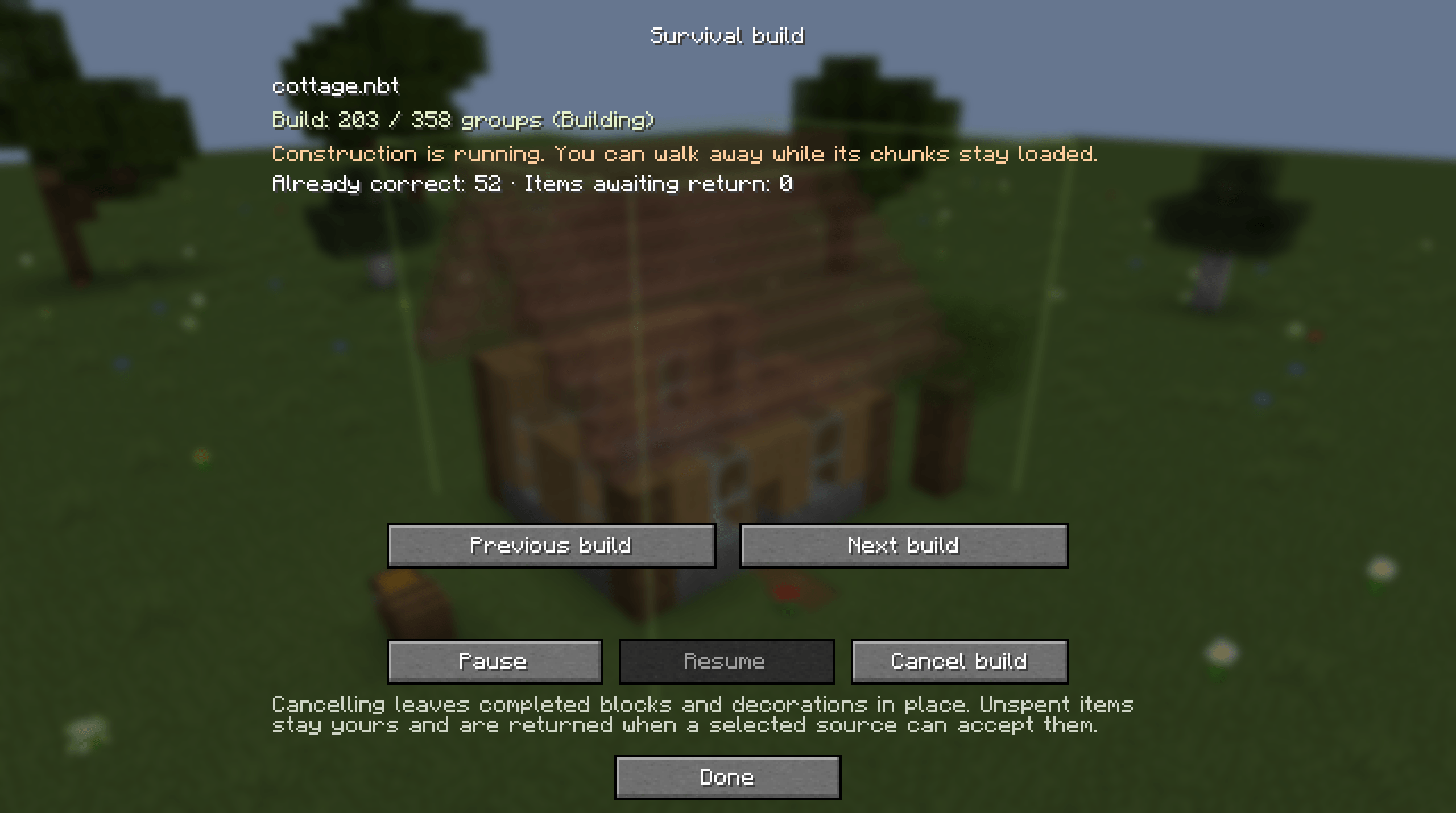 Thumbnail Progress while the build runs, with pause, resume and cancel.