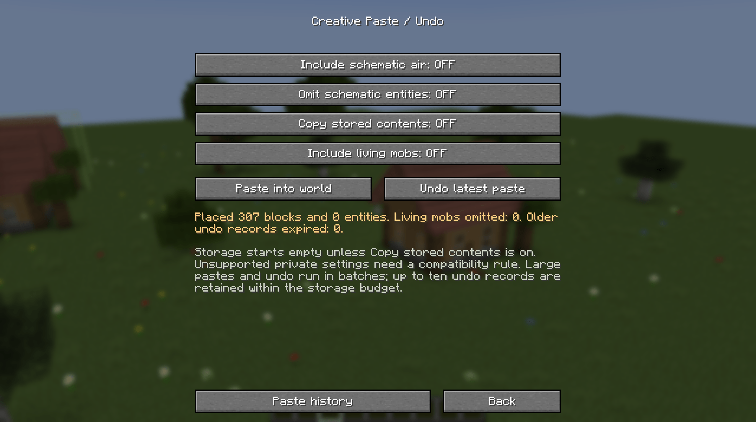 Thumbnail Paste the whole build at once, with options for air, entities, mobs and container contents.