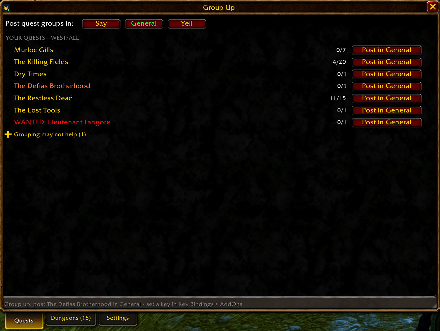 Thumbnail Inside a quest group the card shows who is on the quest, the seats taken and one Leave button. Kill credit is shared with everyone in the group, so nobody fights over the same mobs.