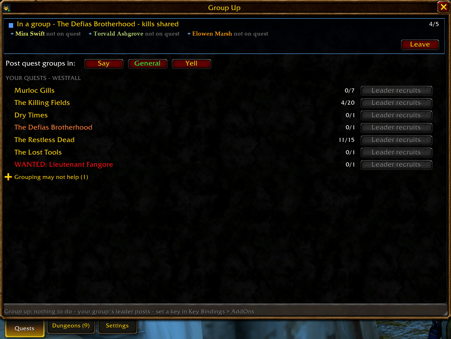 Thumbnail Your kill quests with a Post button each. One click posts a real quest link in Say, General or Yell, and anyone who whispers "inv" is invited. Public chat only when you press.