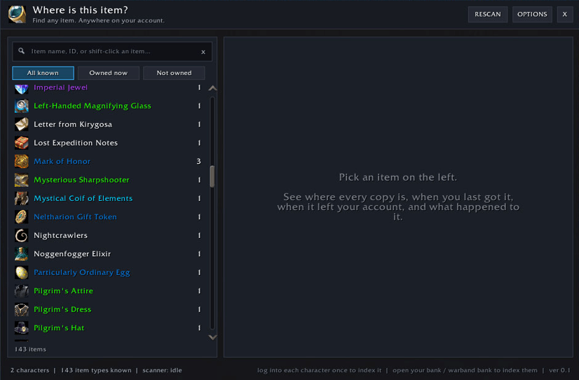 Thumbnail On the left side, the addon displays all the items we have obtained at least once.
