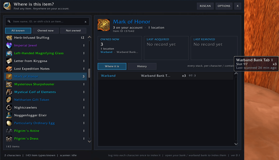 Thumbnail Once you select an item you have previously obtained in the game from the left side of the window, information about it - such as whether you own it and where it is located - is displayed on the right. Including the full history of this item.