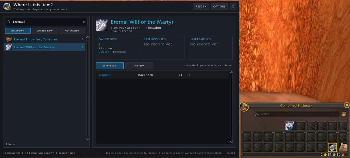 Thumbnail Searching for an item currently in the logged-in character's backpack to see if it exists elsewhere.