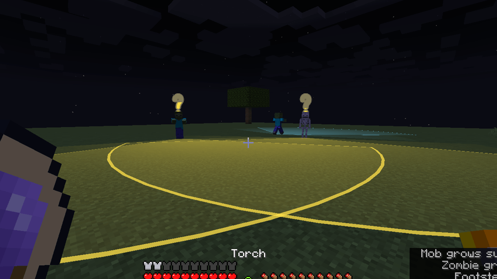 Standing in the open with a torch: two mobs grow suspicious. The Stalker's Lens shows their vision cones turning yellow.