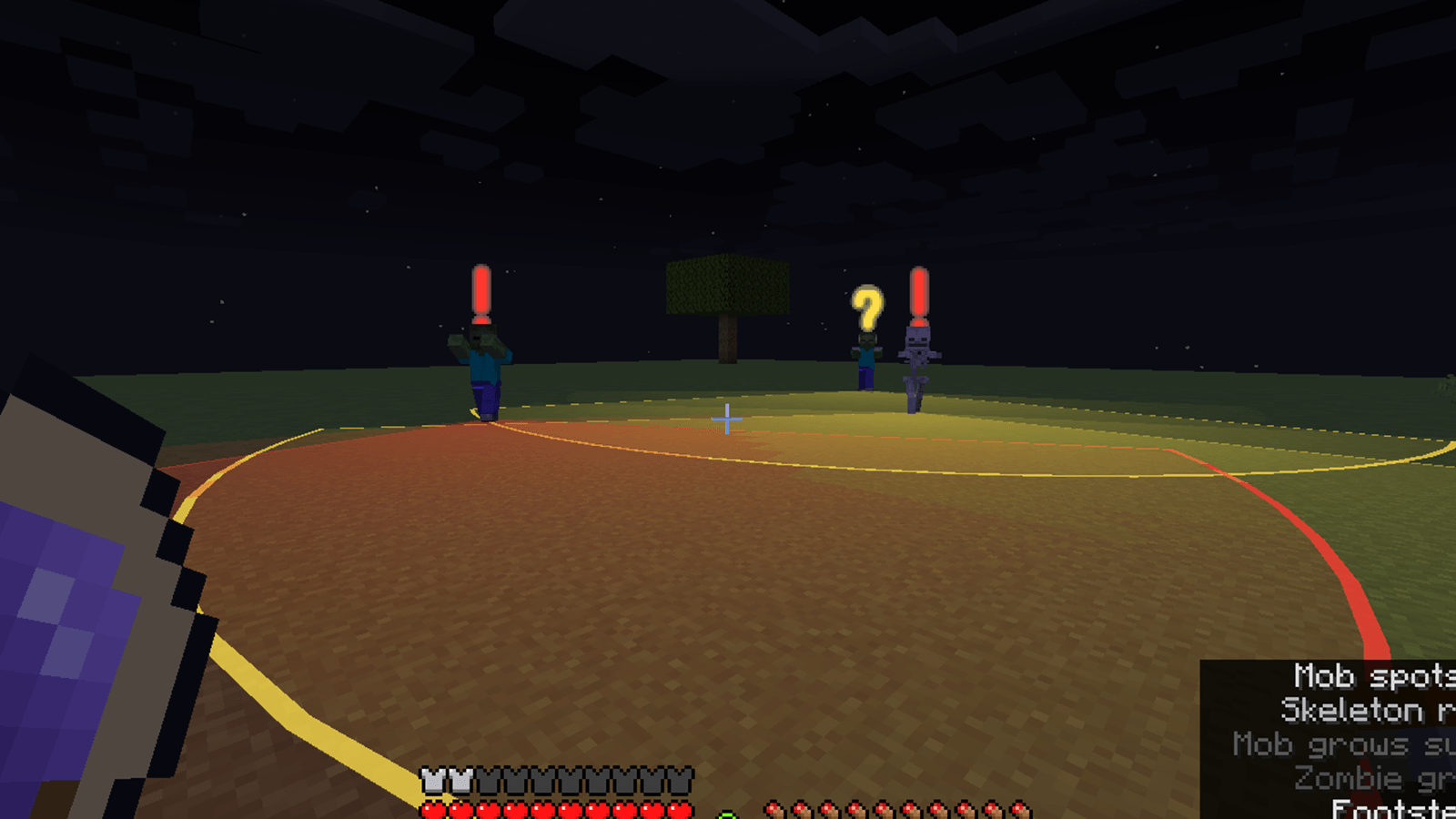 Thumbnail Two mobs have spotted you and their cones turn red. The skeleton behind them is still suspicious.