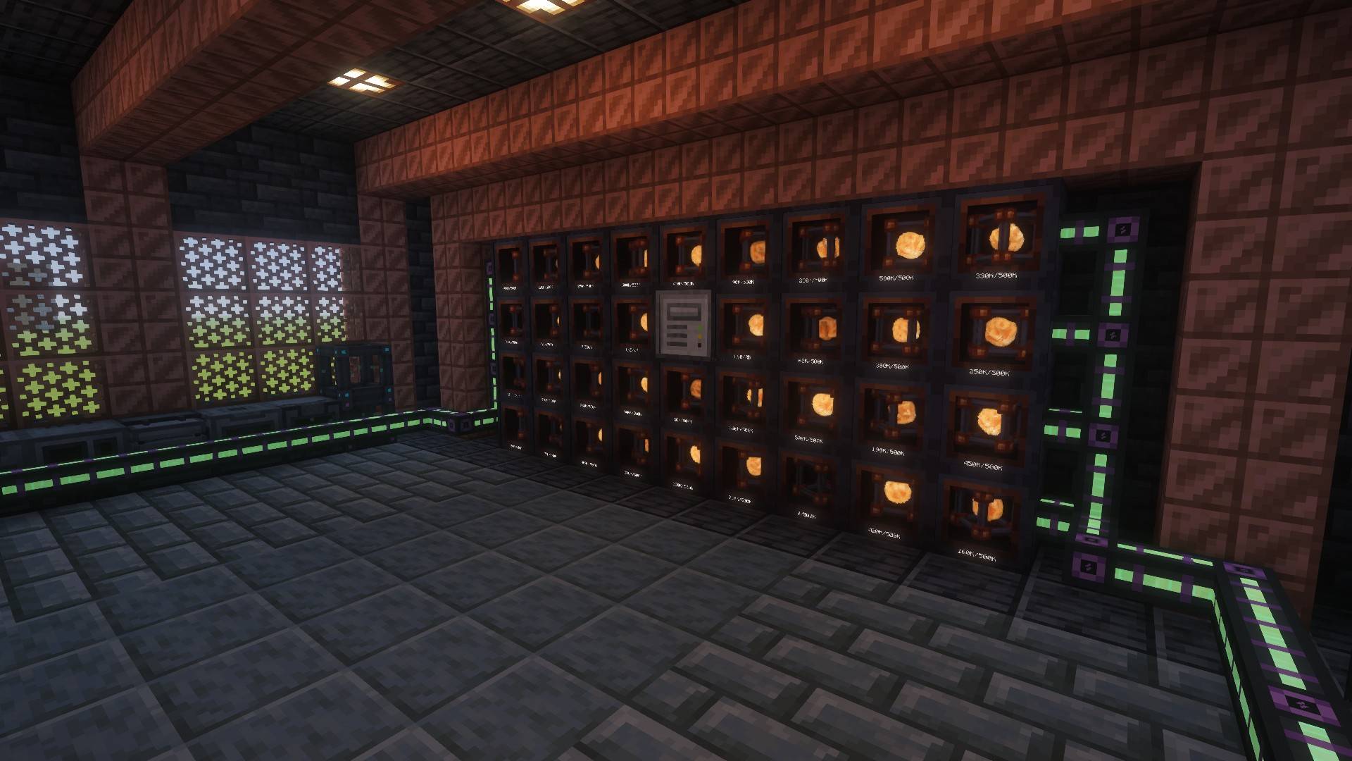 Thumbnail Copper, tuff and deepslate around a wall of Energy Drawers. One cable on the controller moves power for the whole wall.