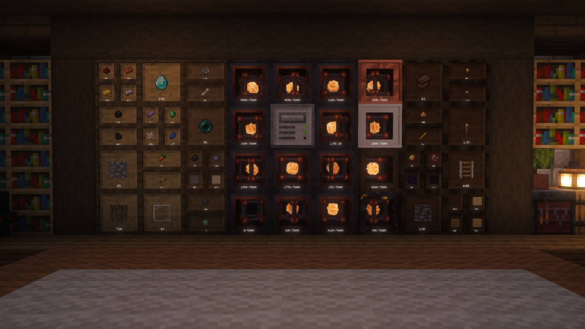 Thumbnail Oak, spruce and dark oak item drawers, Energy Drawers and a Storage Controller in one wall.