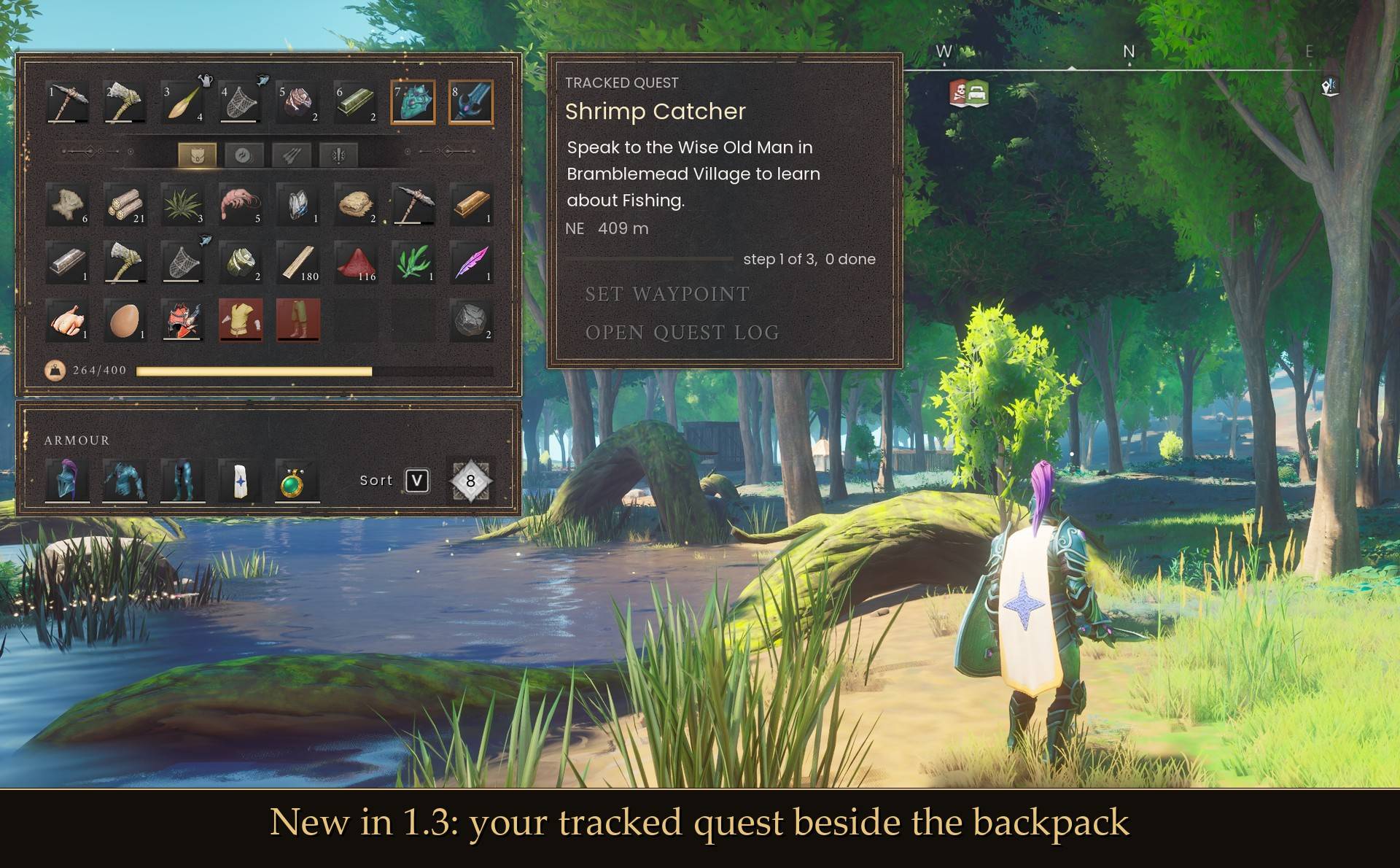 New in 1.3: your tracked quest beside the backpack
