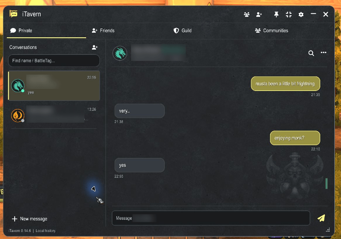 Private conversations in iTavern 0.14.6, with message bubbles, class icons, timestamps, and a searchable conversation list. Names and BattleTags blurred for privacy.