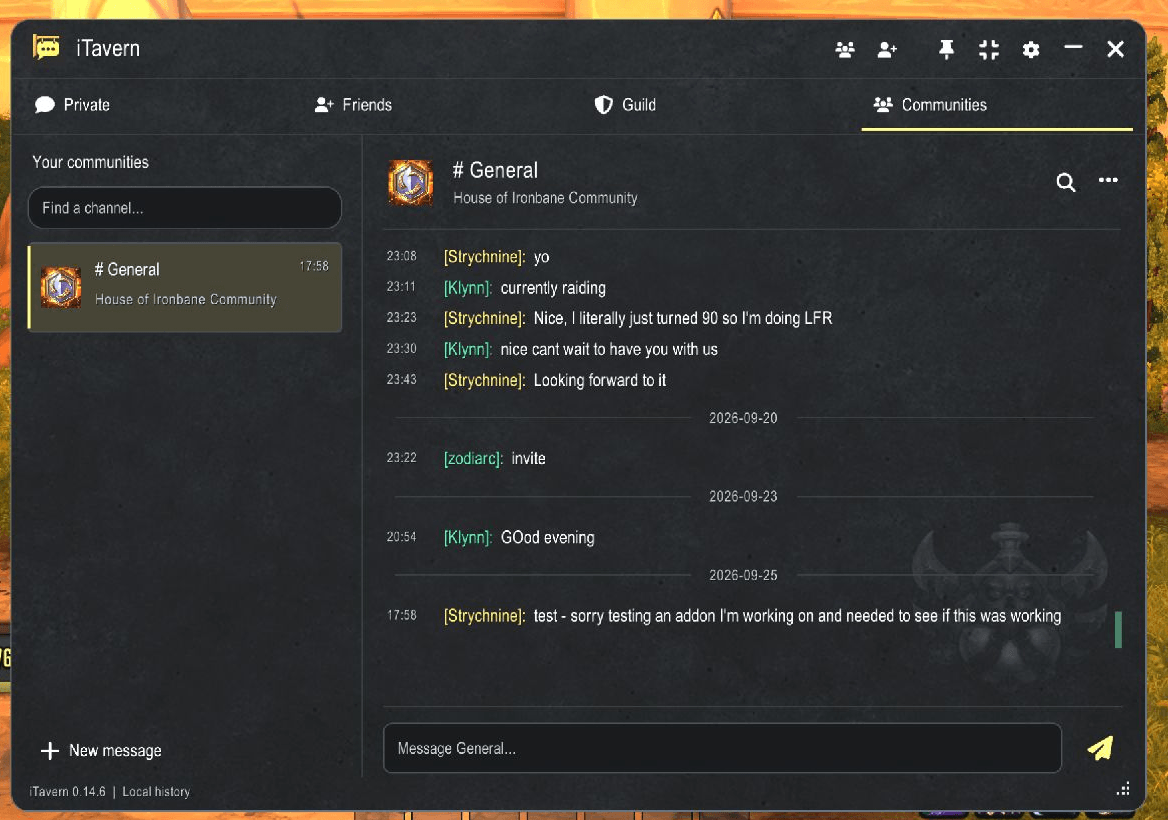 Community conversations in iTavern 0.14.6, with channel navigation, timestamps, date separators, and quick access to Blizzard social panels.