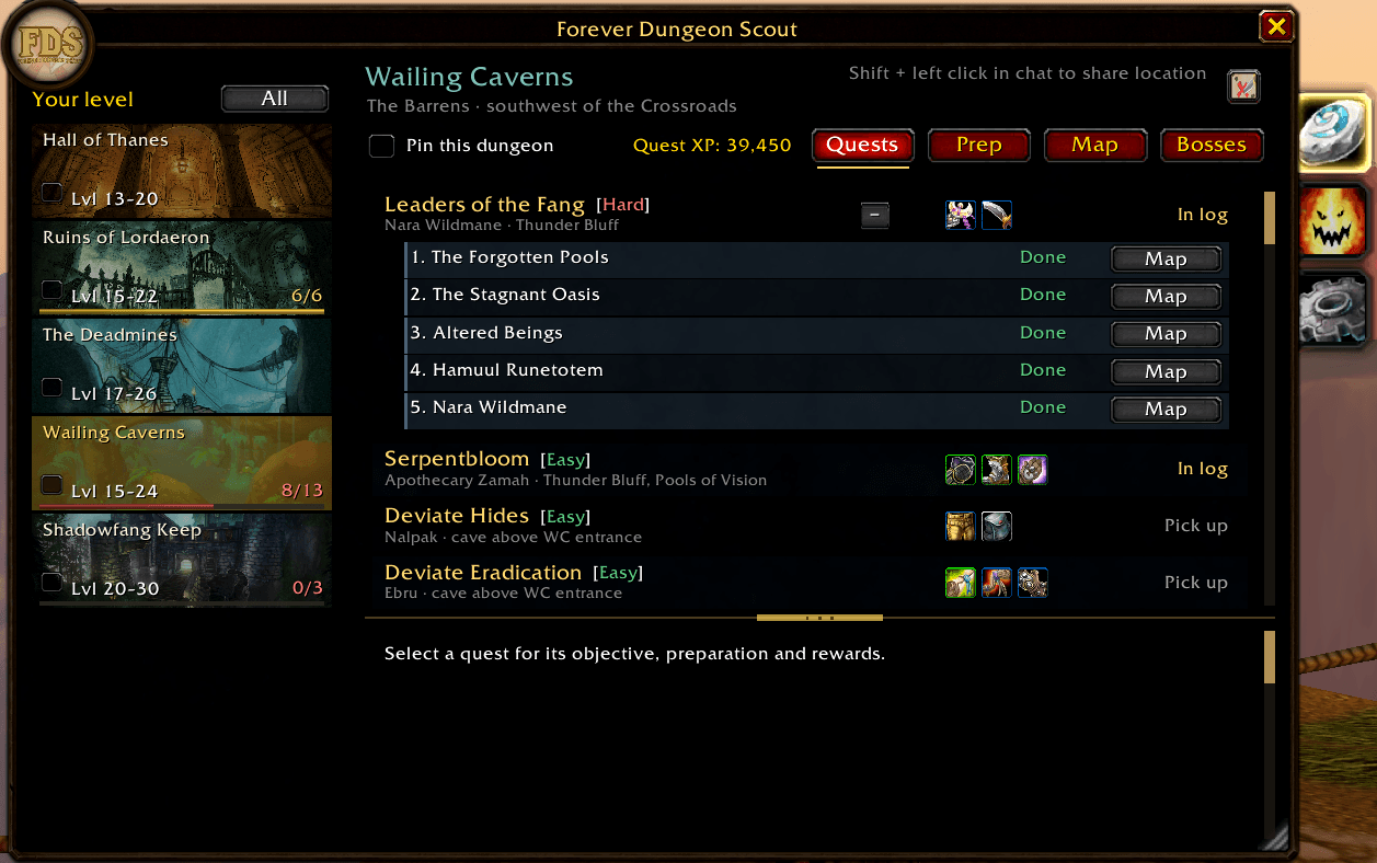 Dark mode; expandable pre-quest steps with map pins