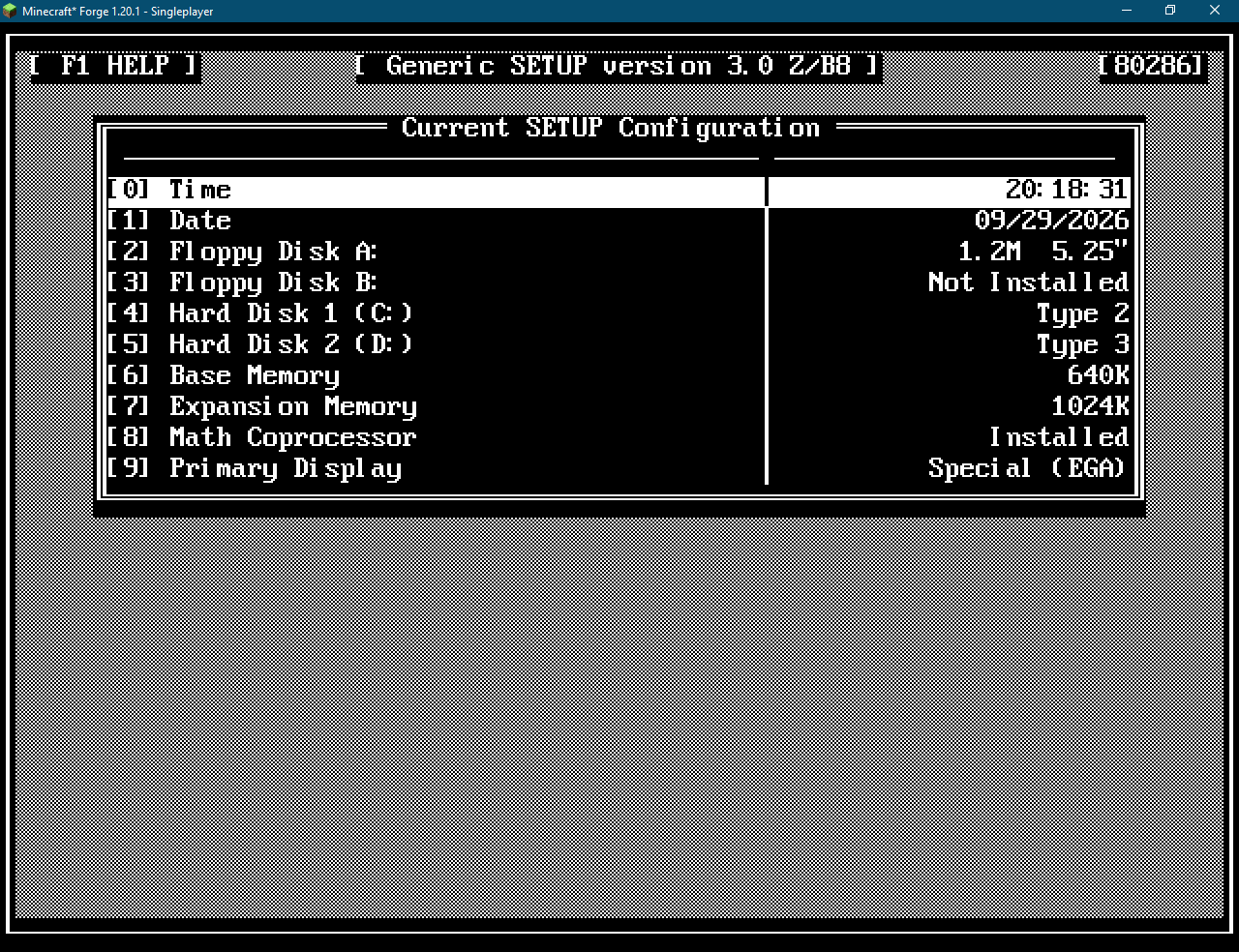 Preview of the Generic SETUP (BIOS) on IBM PC/AT. Rows are selectable and can be configured.