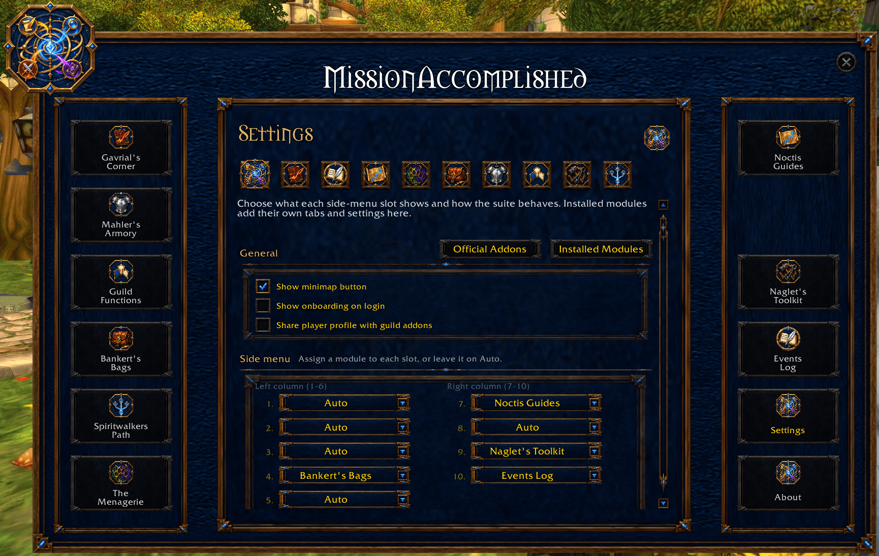 Live capture of the shared Settings tab Core provides: minimap button, onboarding and profile sharing switches, and the side-menu slot assignments. Captured September 29, 2026. No setting was changed.