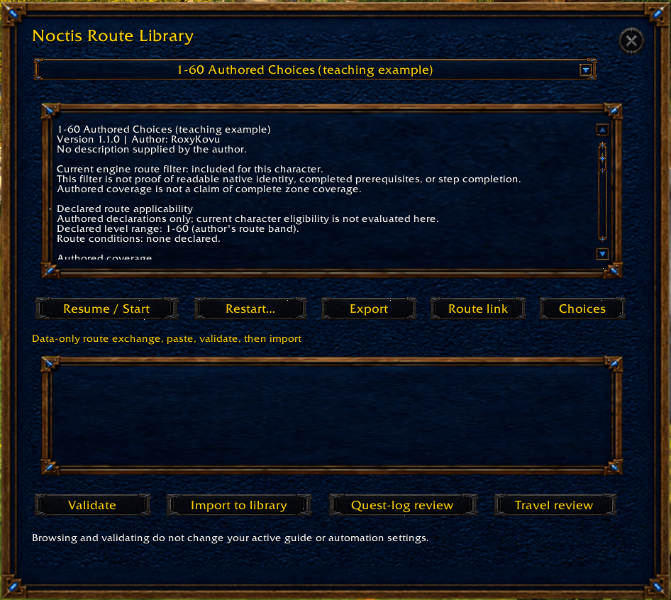 Live capture of the Noctis Route Library showing this pack's 1-60 Authored Choices teaching route: version, author and its declared applicability. Captured September 29, 2026. Browsing did not change the active route.