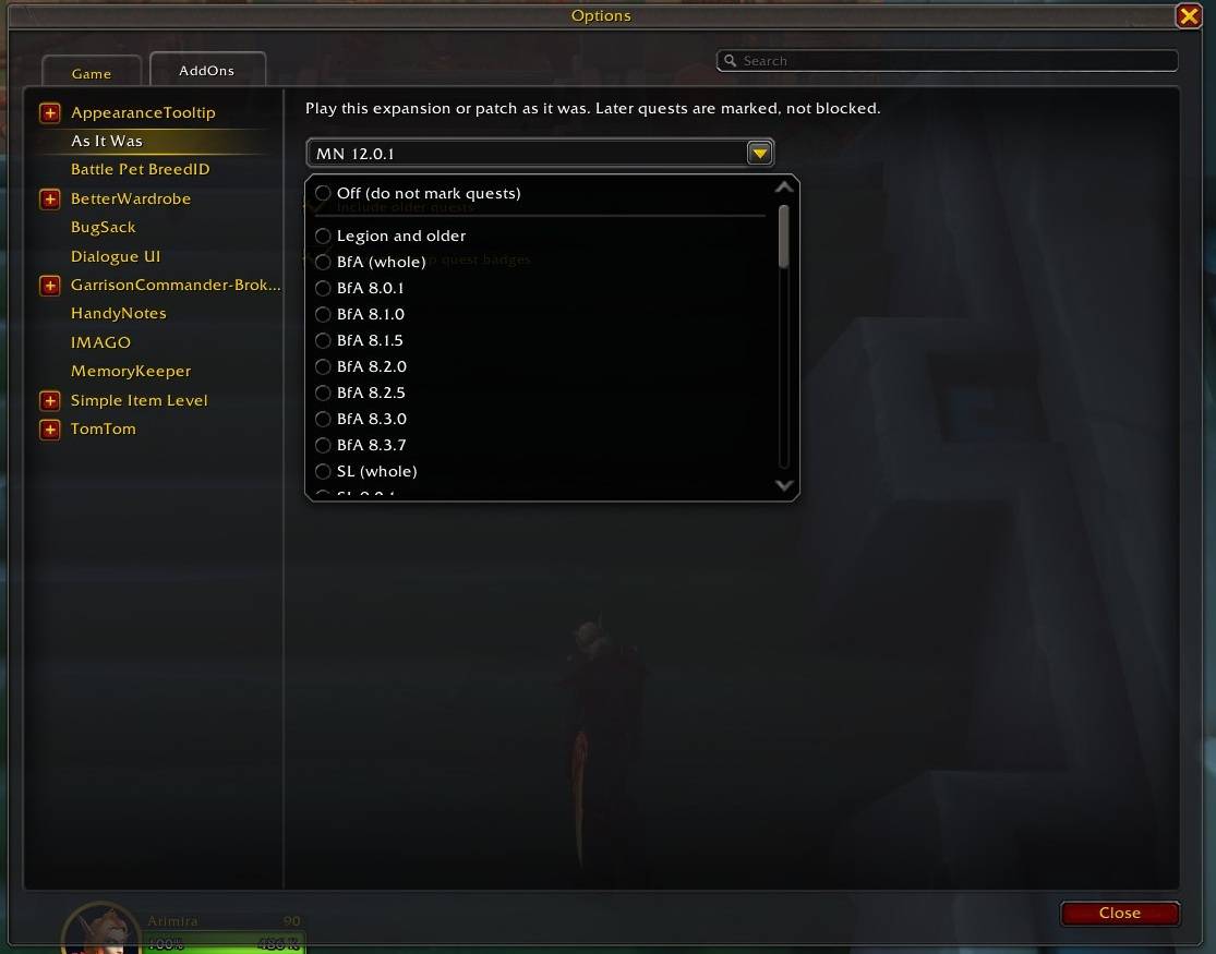 Thumbnail Select a complete expansion or an exact patch from the As It Was settings. Later quests are marked, not blocked, so you can follow Azeroth’s history at your own pace.