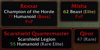 Boss, Elite, Rare Elite and Rare tags, each in its own color, built from the game's own data so every rare and boss is tagged. The level is colored by difficulty, from Blizzard's own UI.