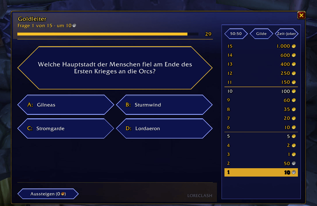 15 Fragen bis 1.000 Gold mit drei Jokern. / 15 questions up to 1,000 gold with three lifelines.