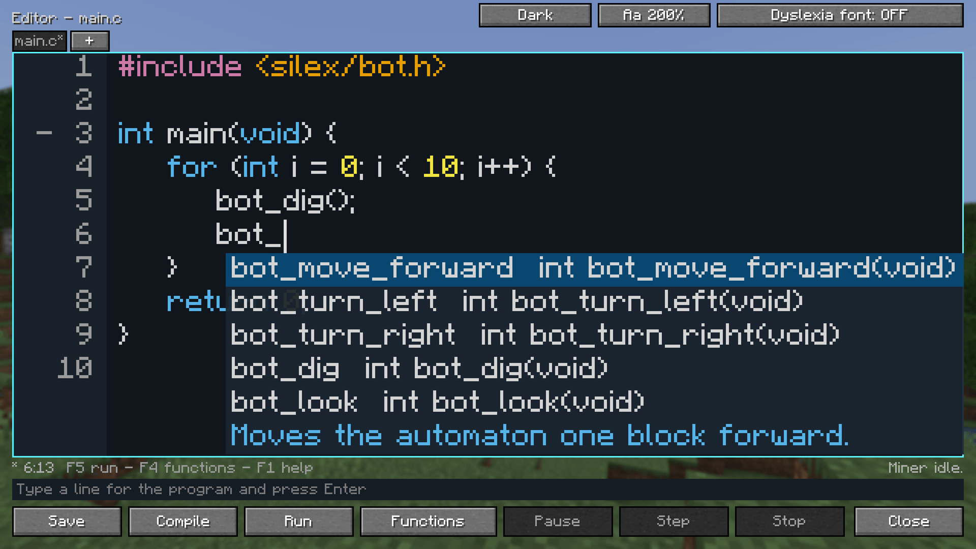 Thumbnail The in-game editor: syntax colours, completion and a program ready to run