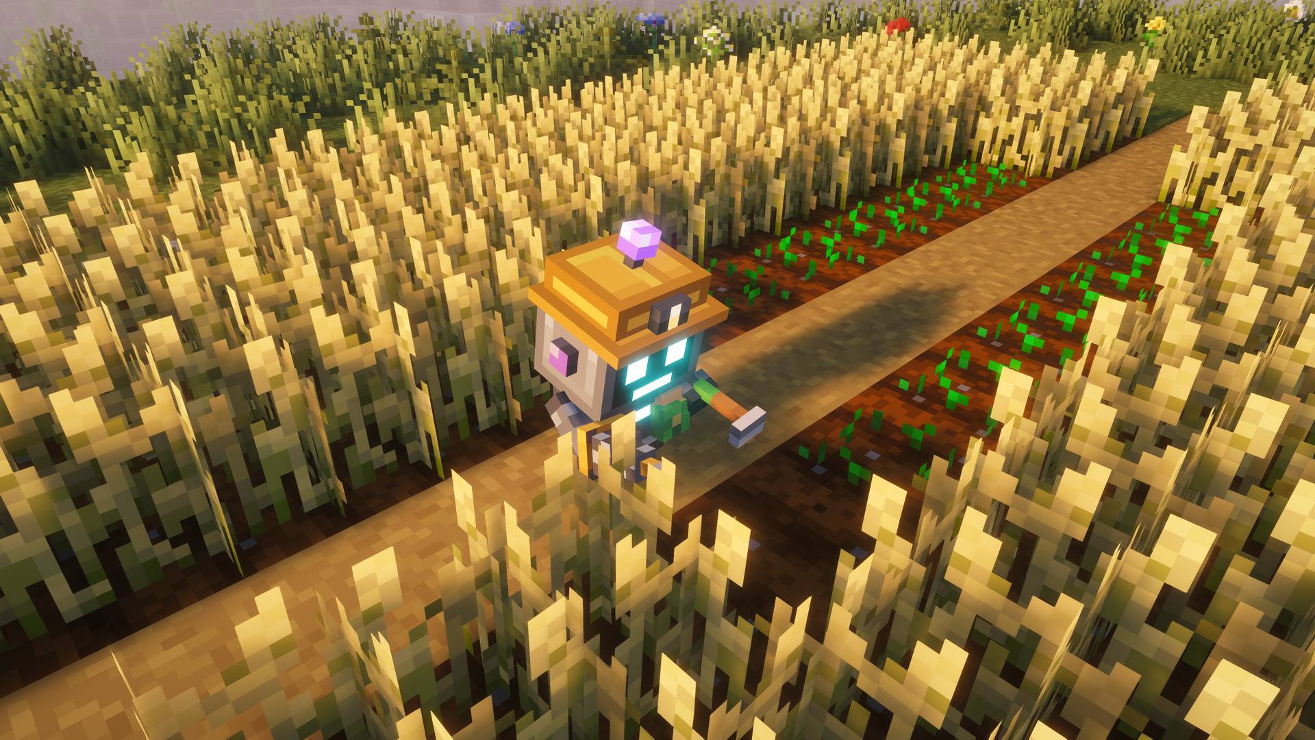 Thumbnail Rows of ripe wheat harvested and sown again by a bot with its Farmer Module