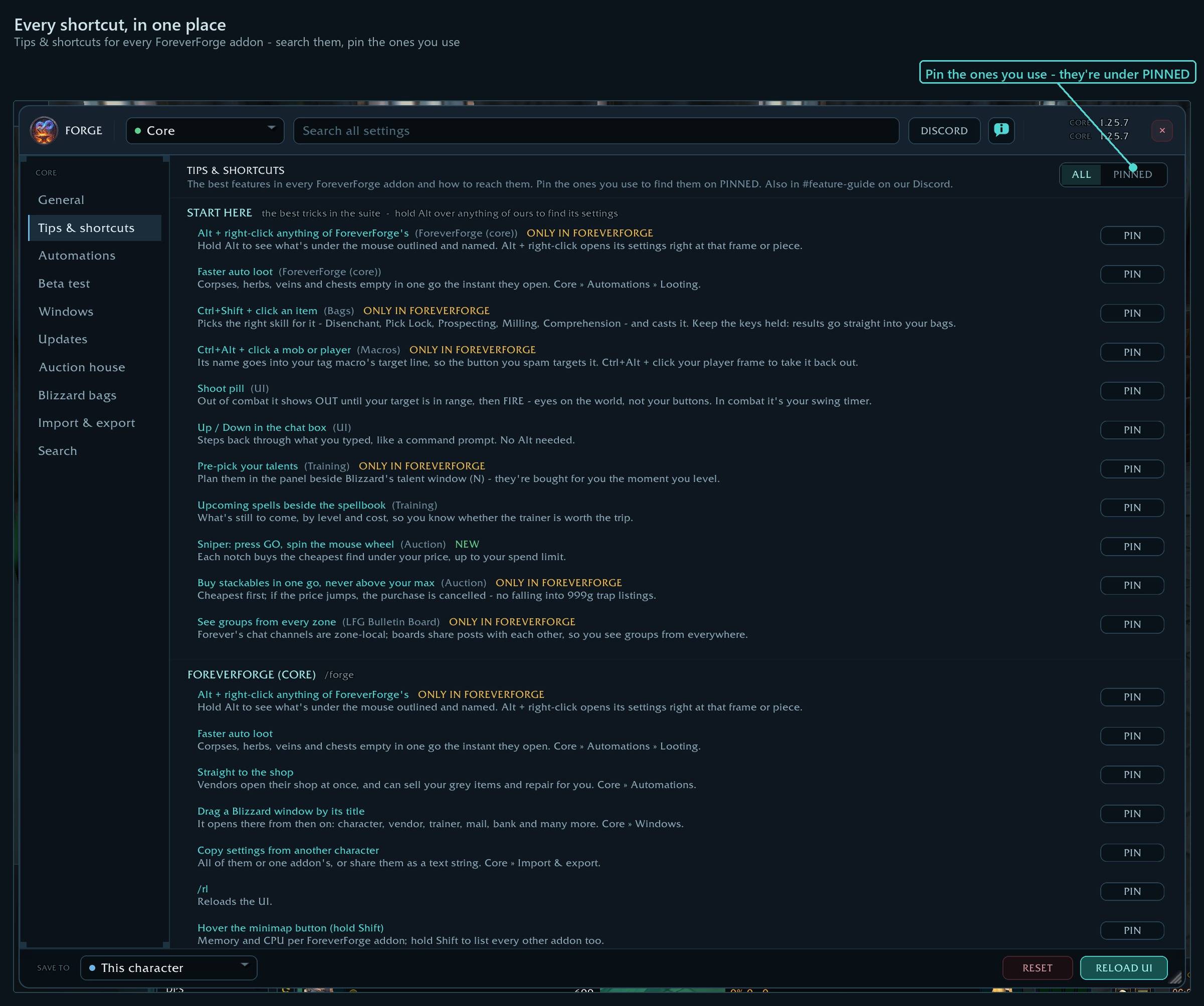 Tips & shortcuts for every ForeverForge addon - search them, pin the ones you use