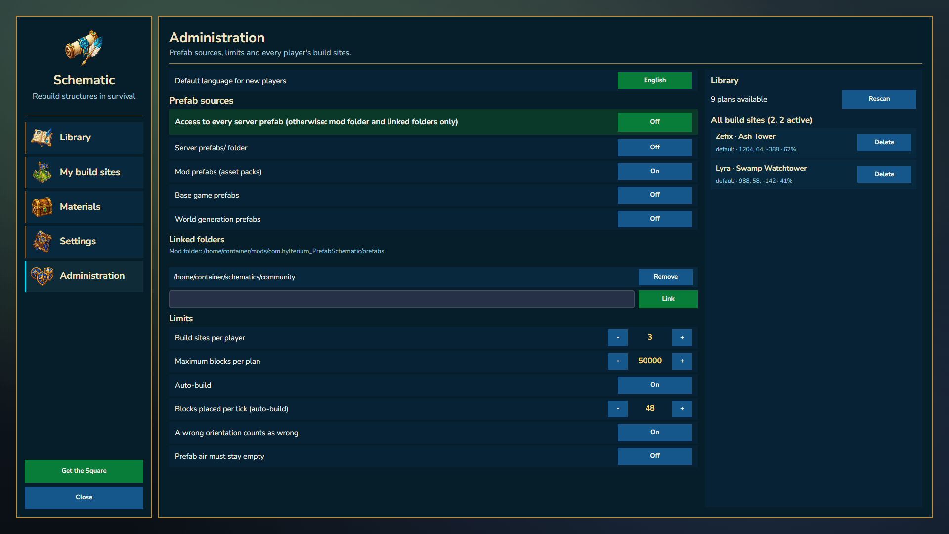 The admin menu: prefab sources, linked folders, limits and every player's build sites
