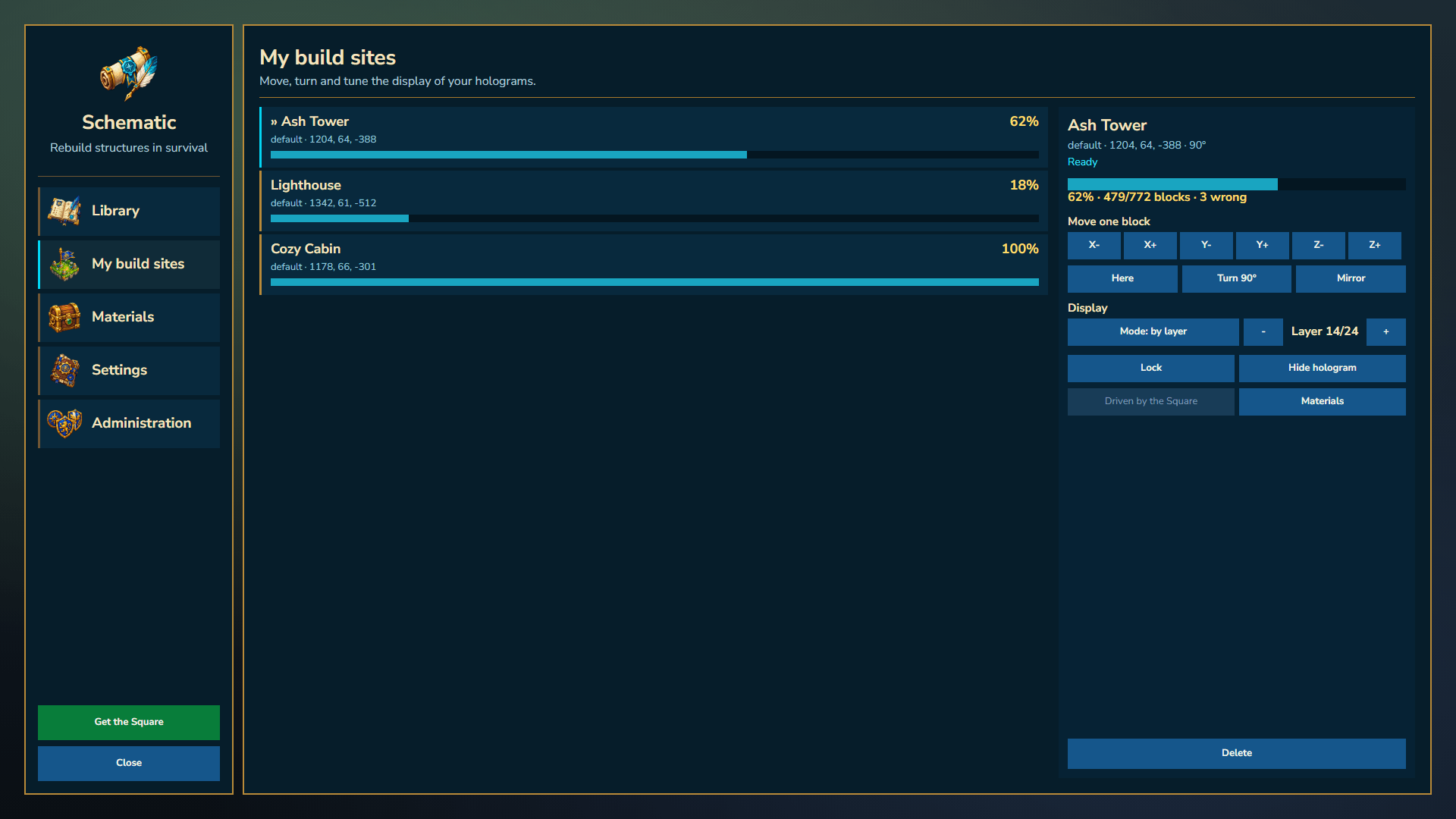 My build sites: progress, move, rotate, mirror and layer controls