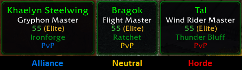 The PvP line shows whose side a unit is on: blue for Alliance, red for Horde, yellow for neutral factions like the Steamwheedle goblins.