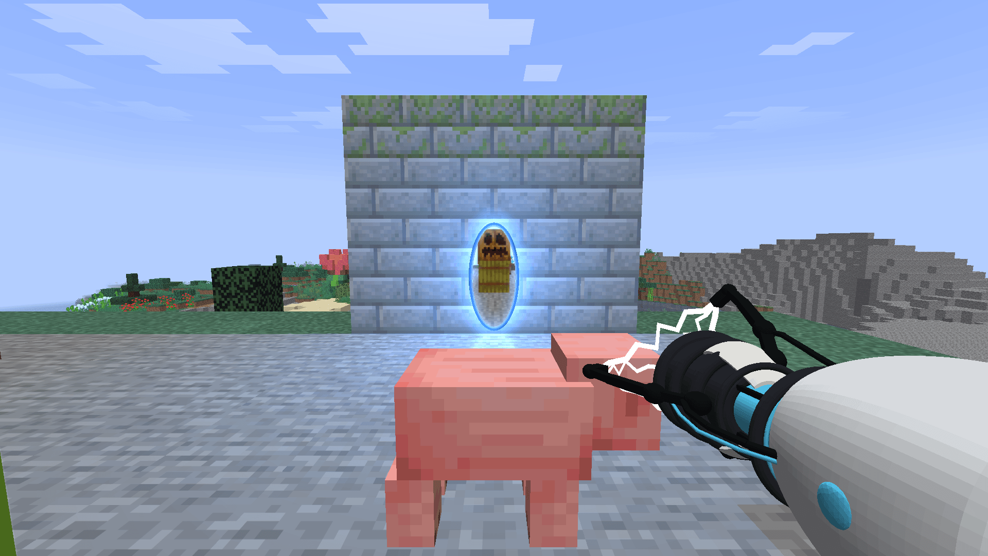 Thumbnail The Portal Gun's grab beam holds a pig in mid-air.