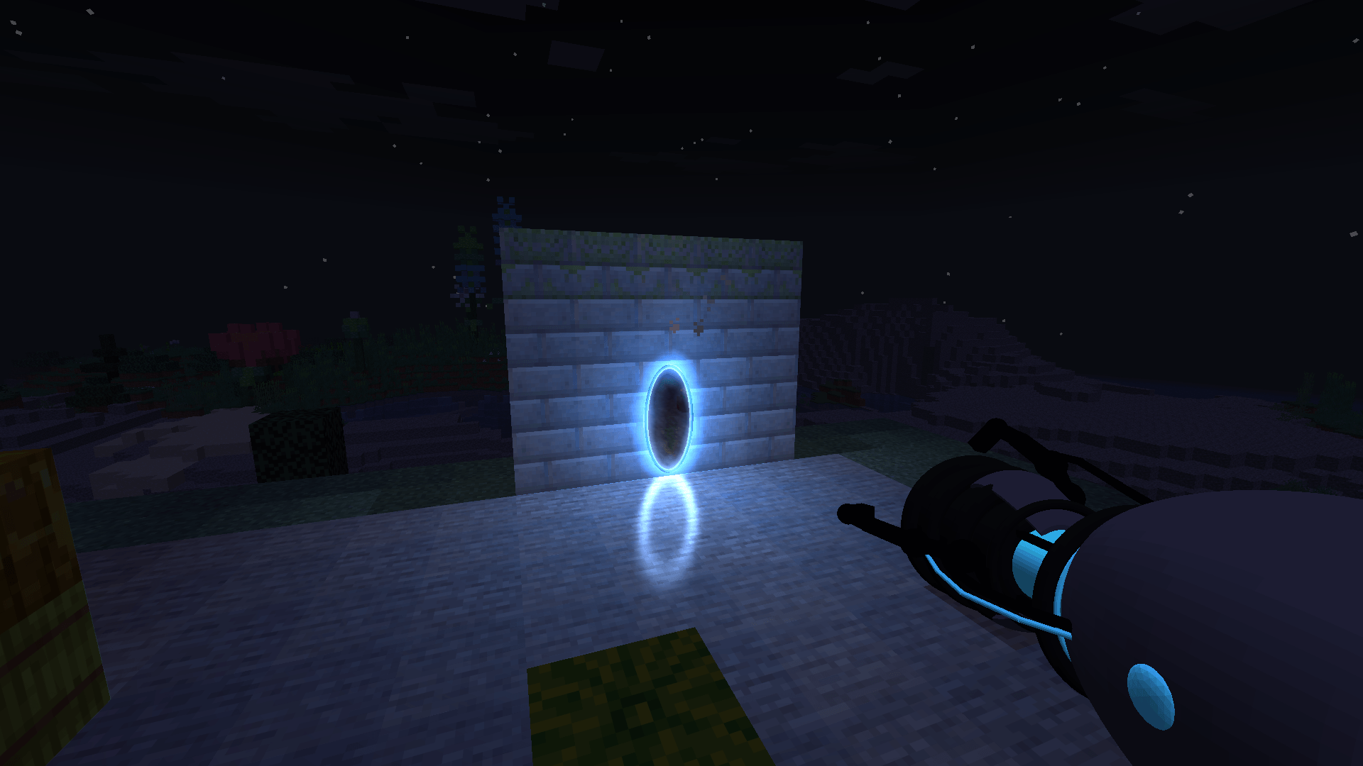 Thumbnail Portal light spills across the ground in the portal's colour at night.