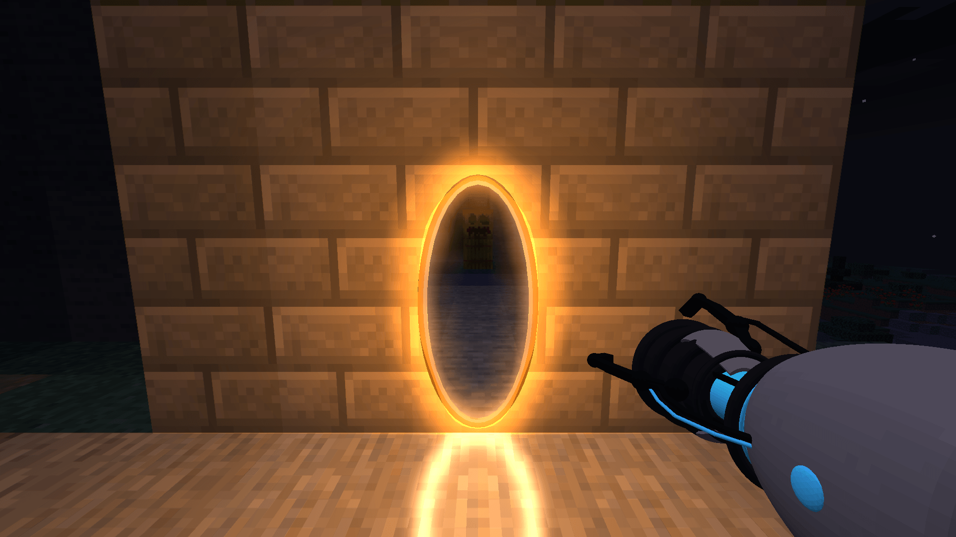 Thumbnail Orange portal with a white-hot core and coloured light on nearby blocks.