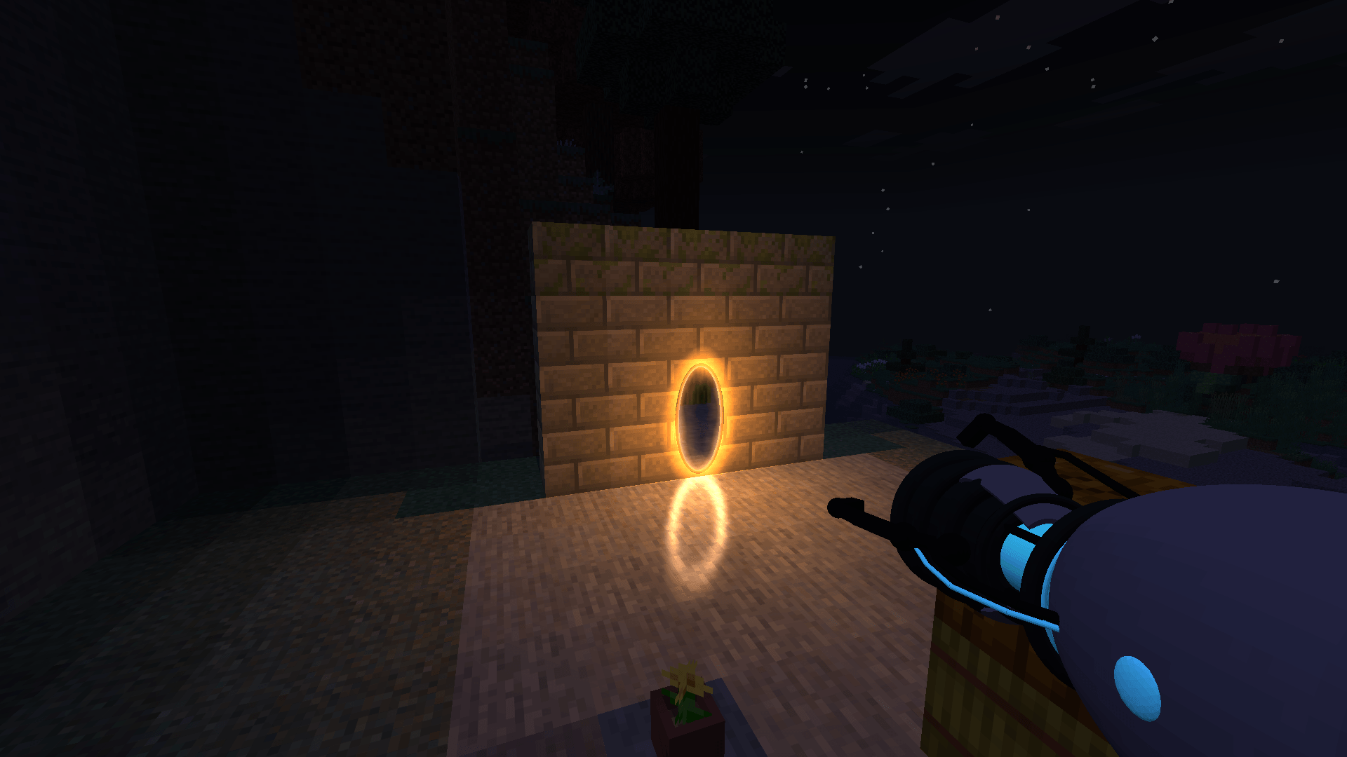 Thumbnail Wide night shot of the orange portal lighting up its surroundings.
