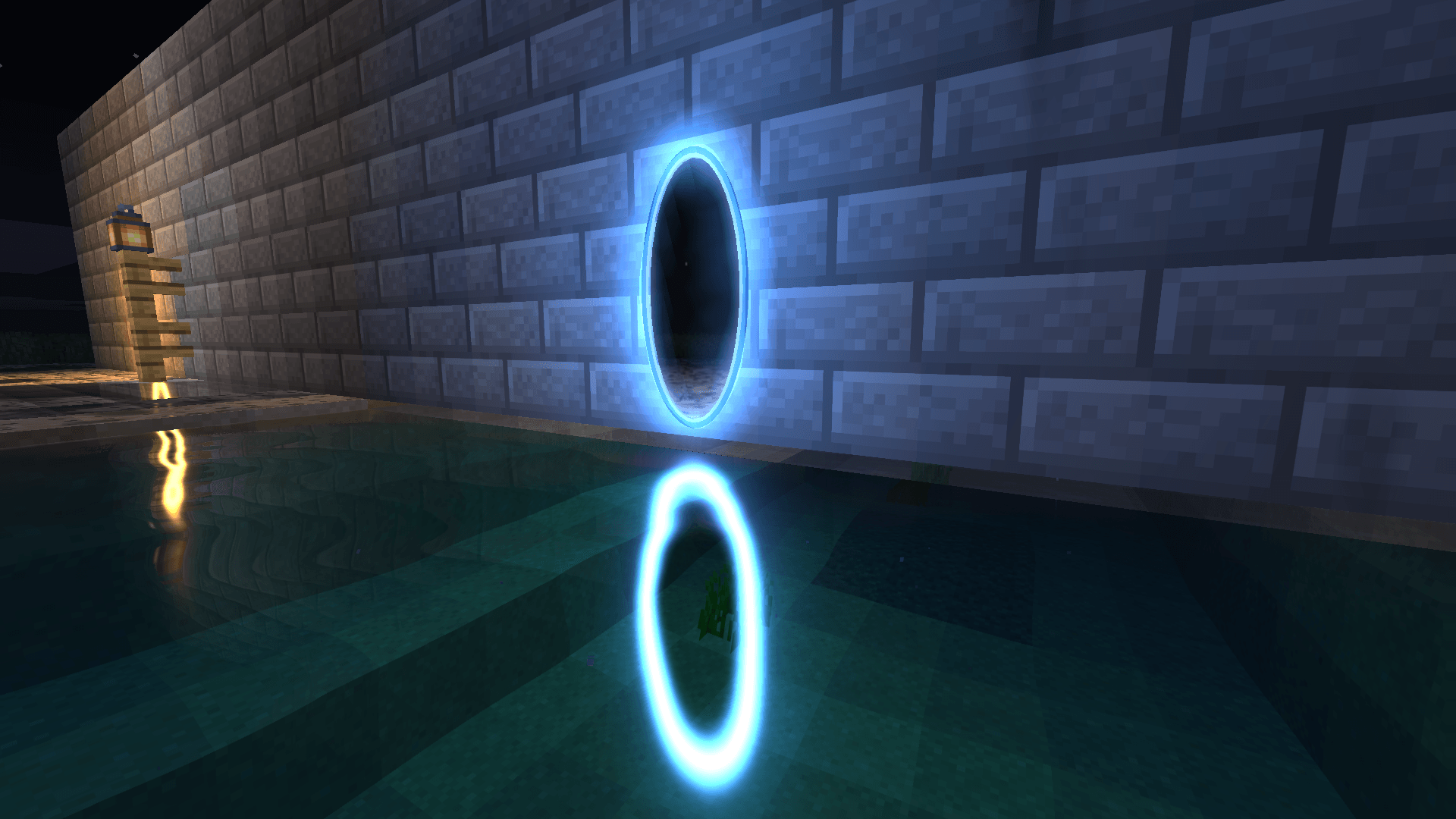 Thumbnail With the Portal Gun mod installed, its portals glow in the water reflection.