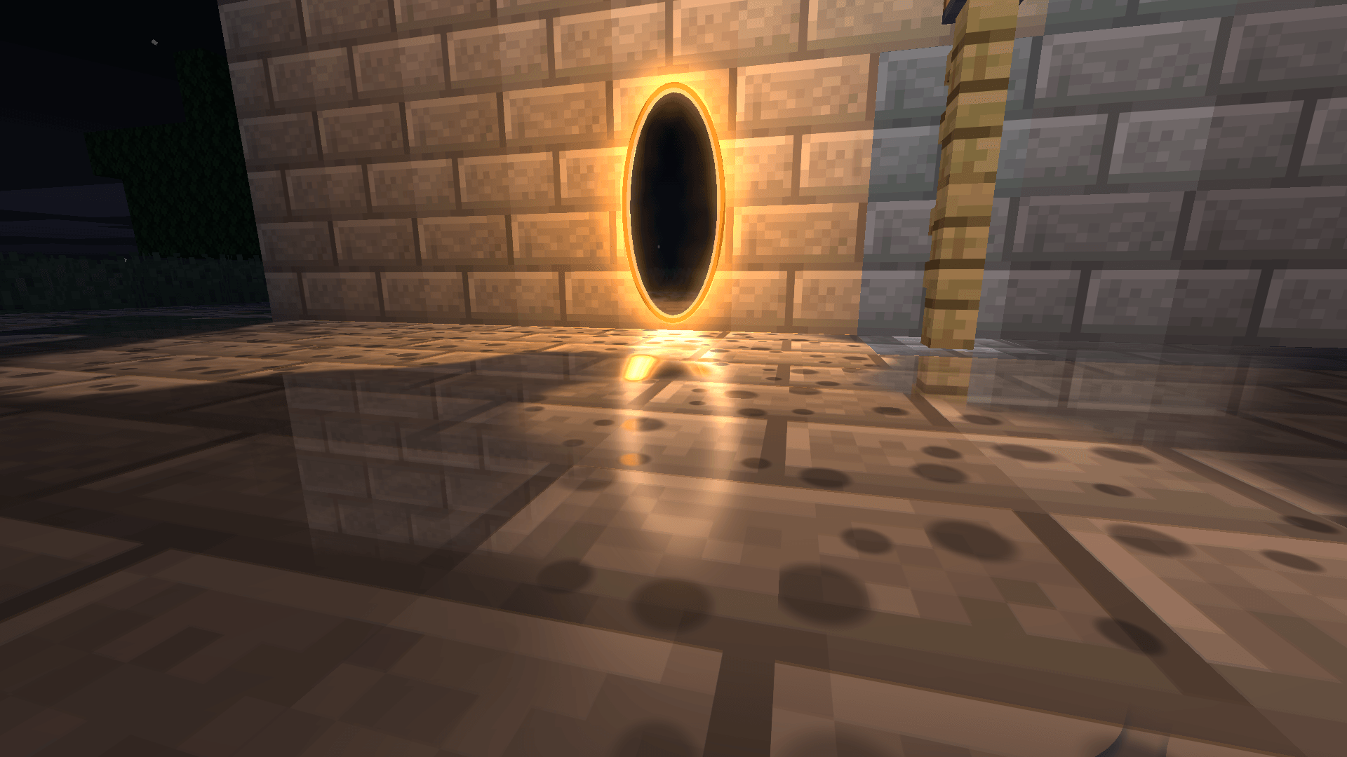 Thumbnail An orange portal reflected in a puddle on stone.