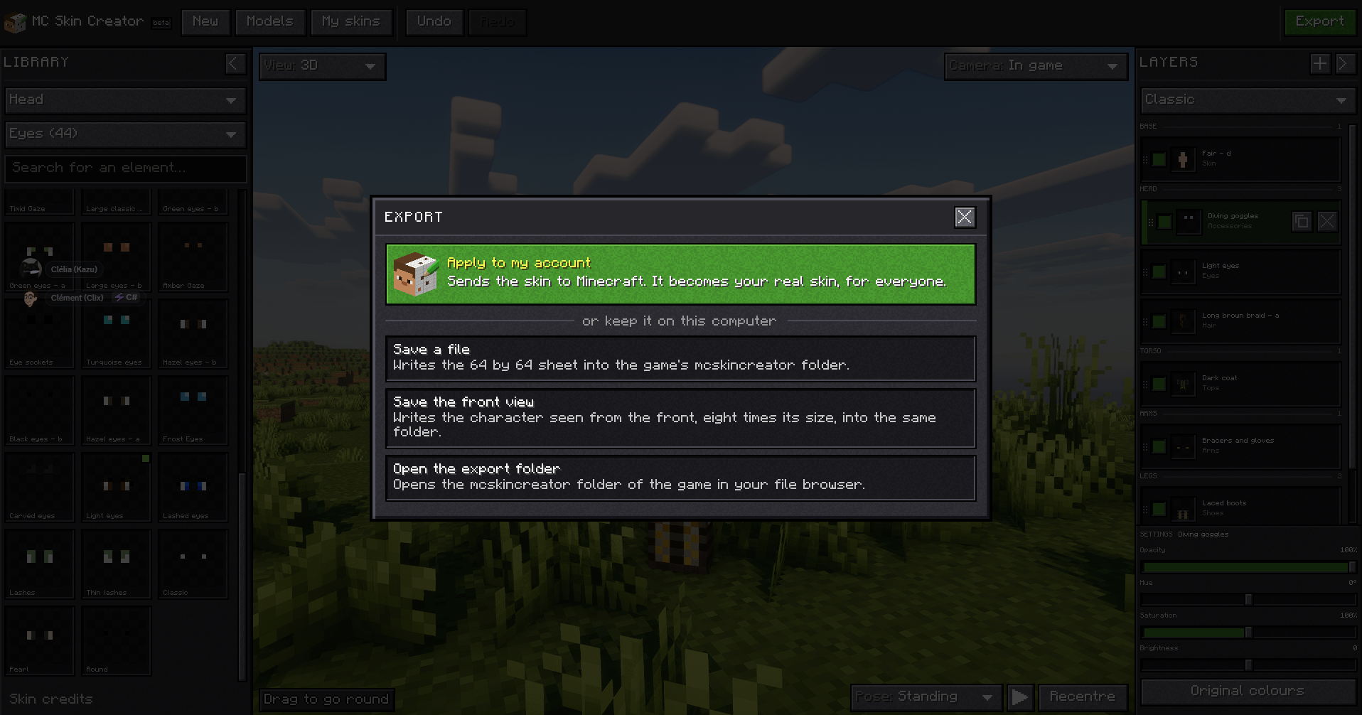 Thumbnail The Export window: apply the skin to your Minecraft account, or keep it on your computer as a 64x64 skin file or an image of the character from the front.