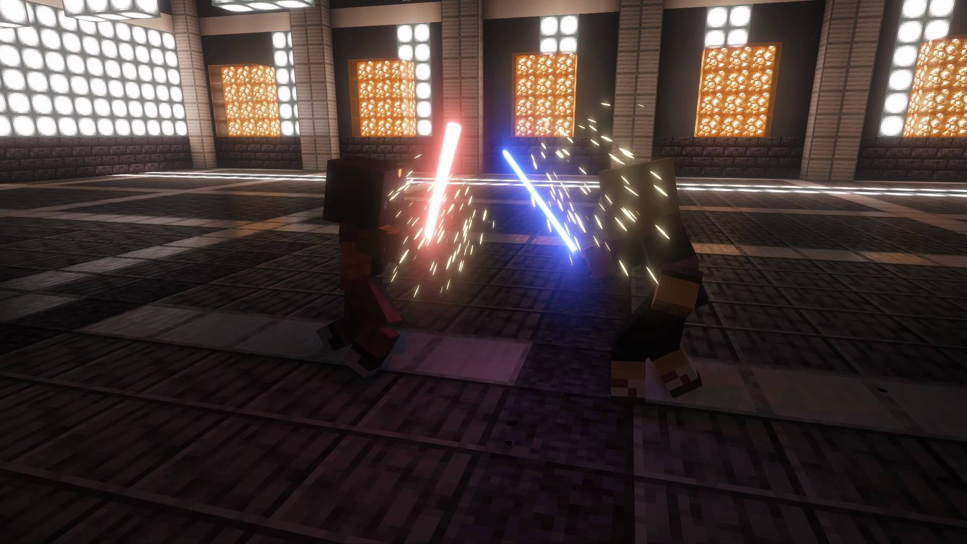 A real blade clash: the guarding saber meets the incoming swing, with sparks and contact feedback.