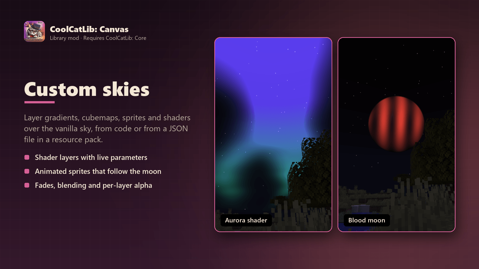 Thumbnail Layer gradients, cubemaps, sprites and shaders over the vanilla sky, from code or from a JSON file in a resource pack.