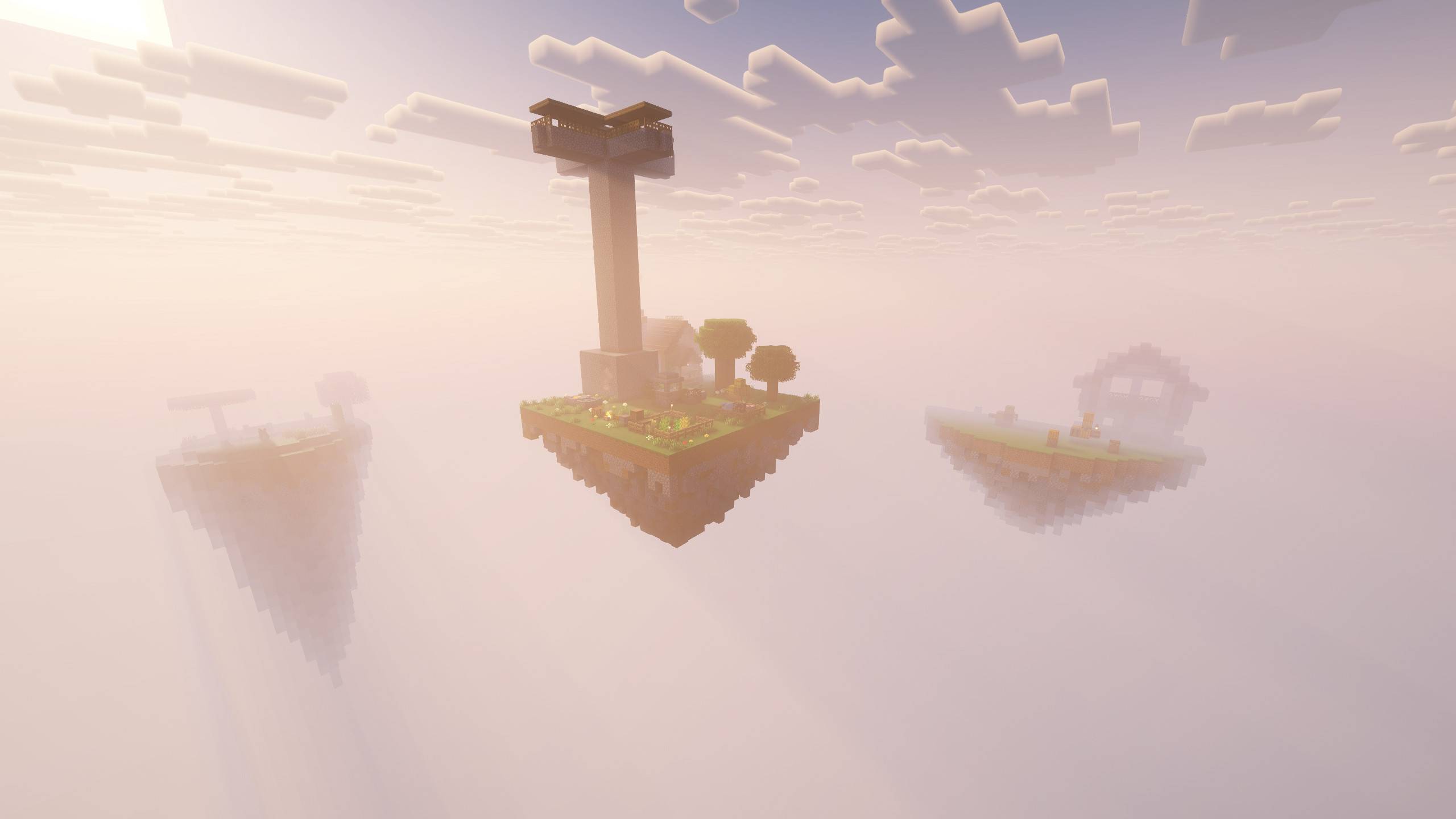 An island after some play, with biome islets in the void around it. Buildings are player builds made with early-game blocks (credits in the description). Shown with Complementary Shaders.