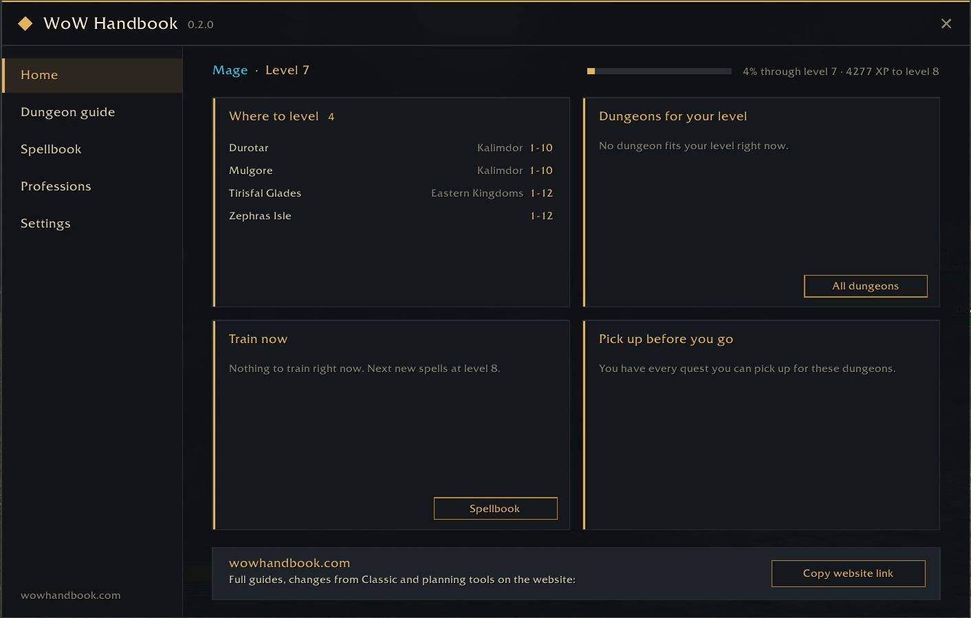 Home page: where to level, dungeons for your level and spells to train