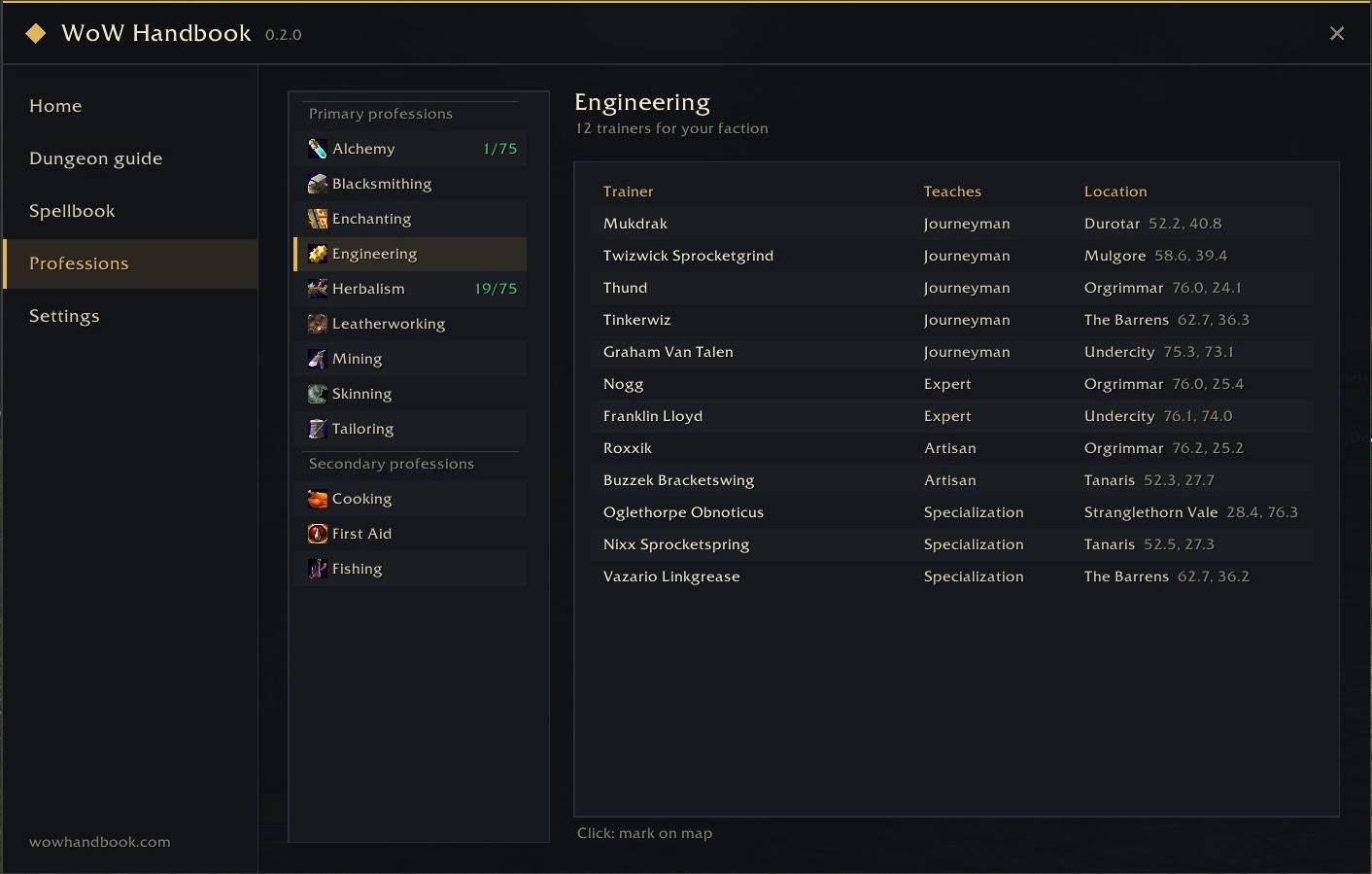 Professions page with every trainer